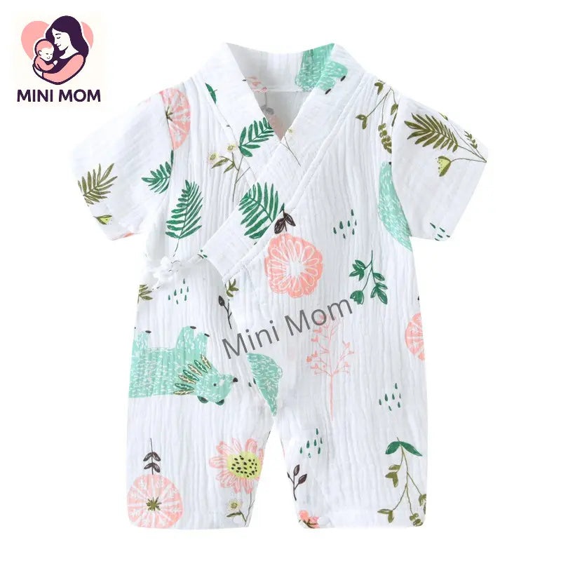 Baby romper with floral and animal pattern on a white background, branded 'Mini Mom'.