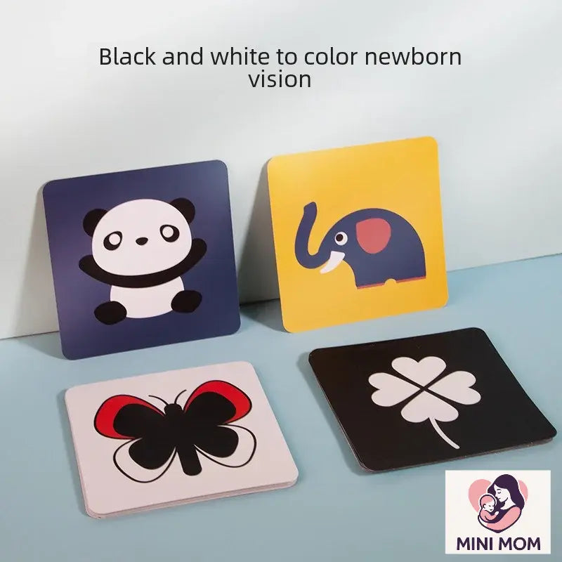 Four square cards with black and white illustrations of a panda, elephant, butterfly, and clover on a light blue surface.