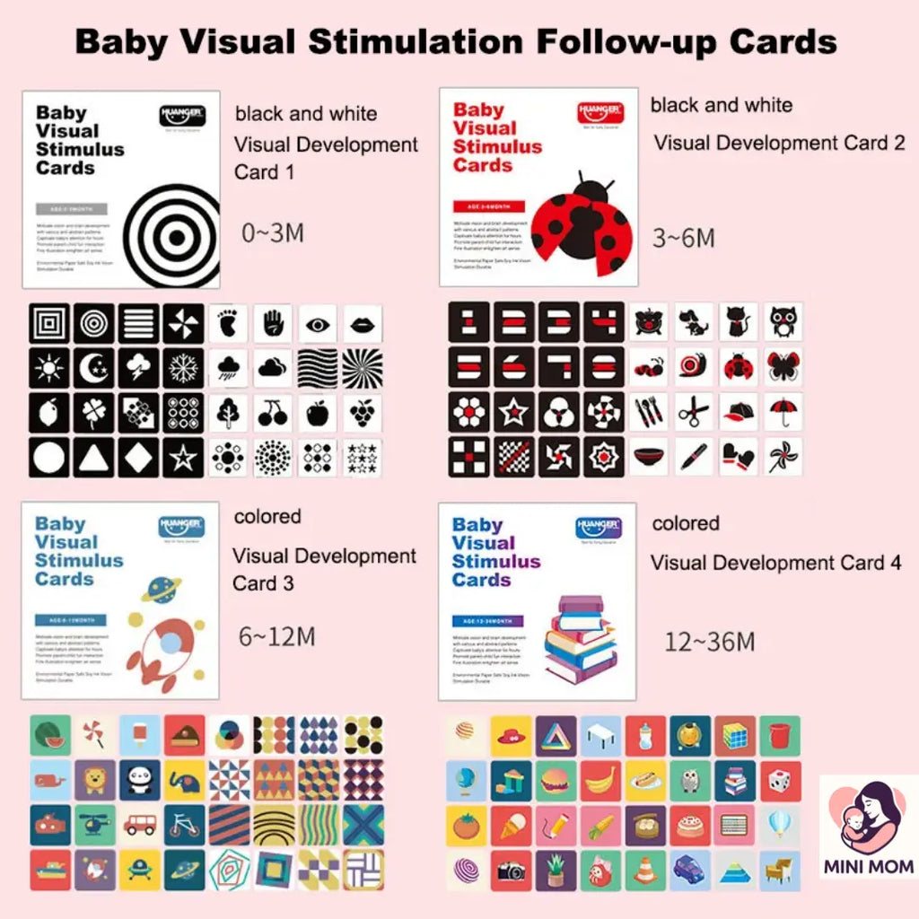Baby Visual Stimulation Follow-up Cards with different age ranges on a pink background