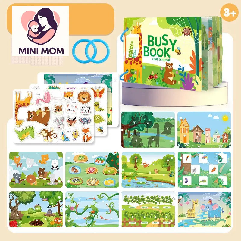 Children's educational toy set with cards and a 'Busy Book' on a beige background, featuring the brand 'MINI MOM'.