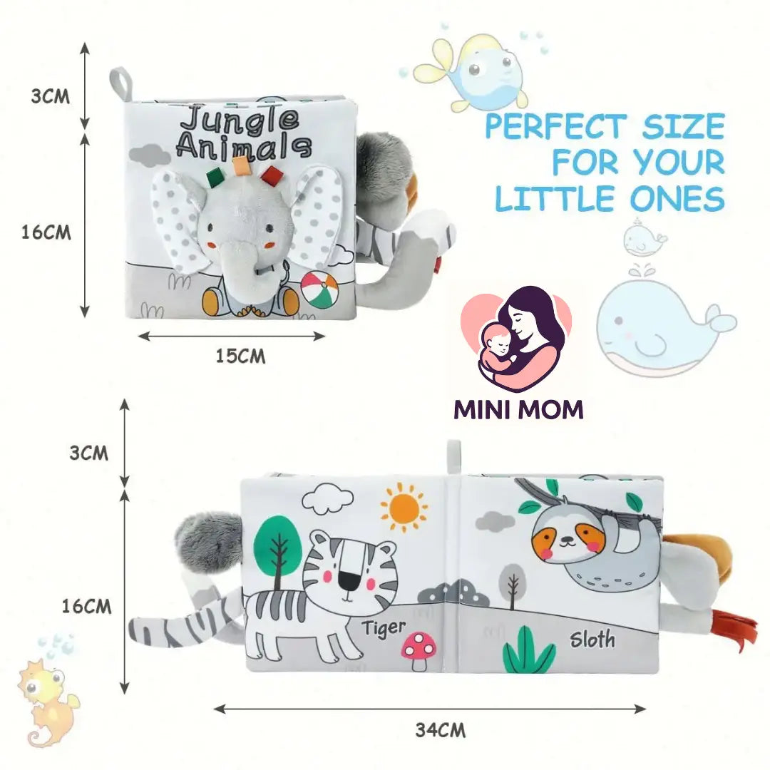 Mini soft book with jungle animals illustrations and dimensions displayed.