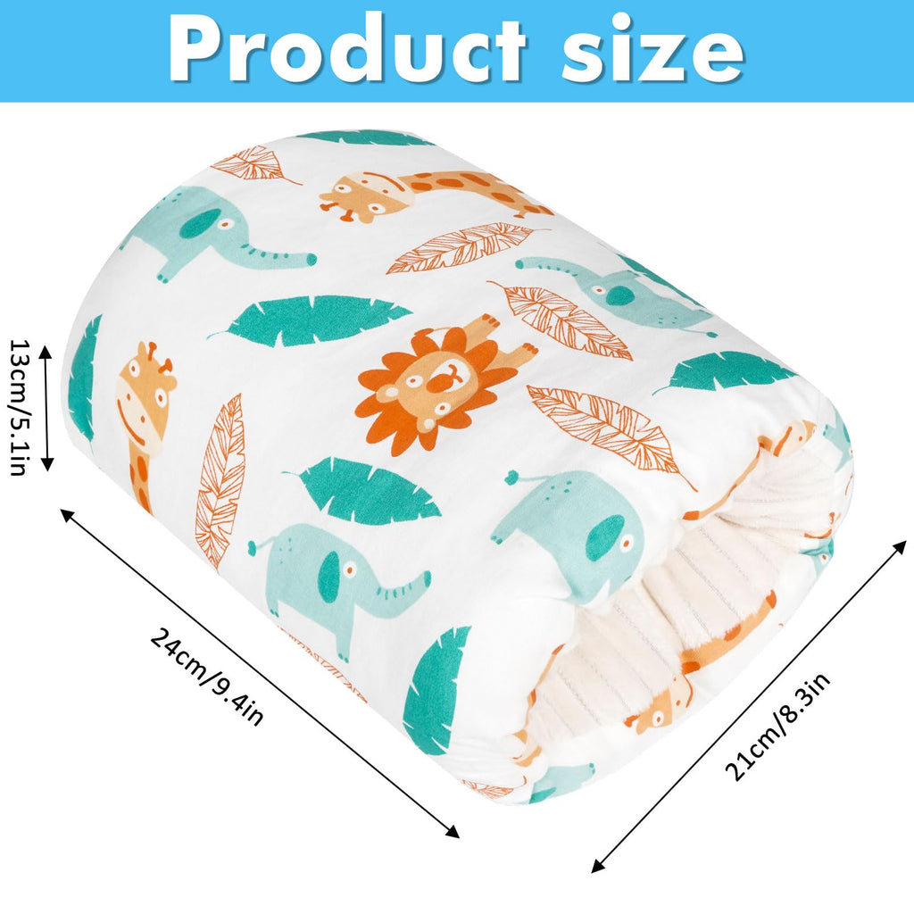 breastfeeding hand pillow with animal pattern and size dimensions on a white background