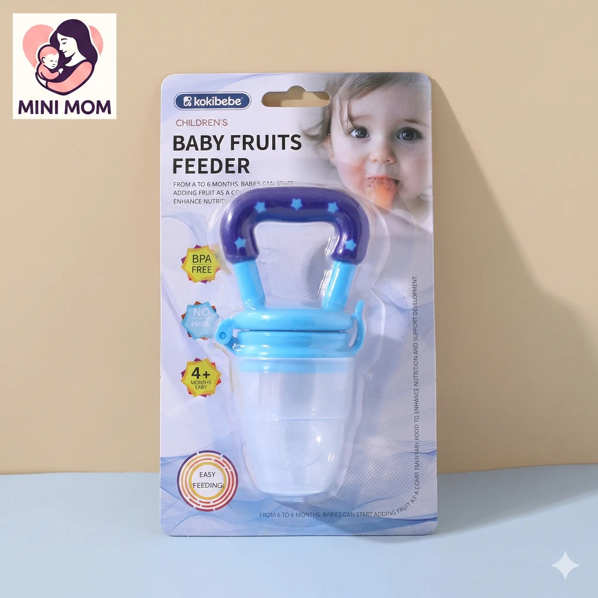 Kokibete children's baby fruits feeder packaging with a baby on a beige background