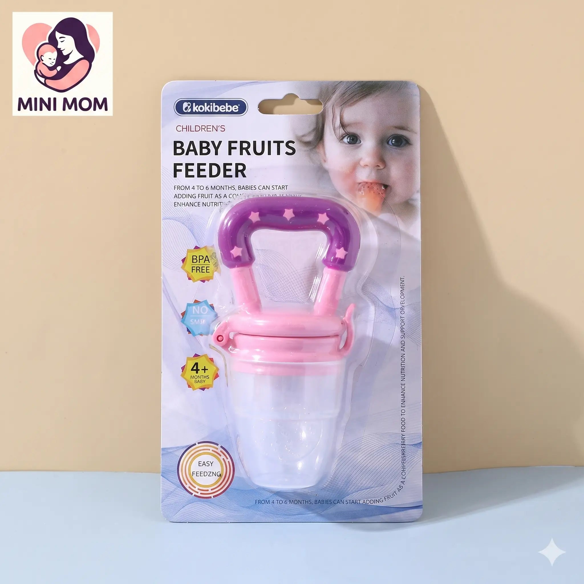 baby fruits feeder packaging with a child's face on a beige background