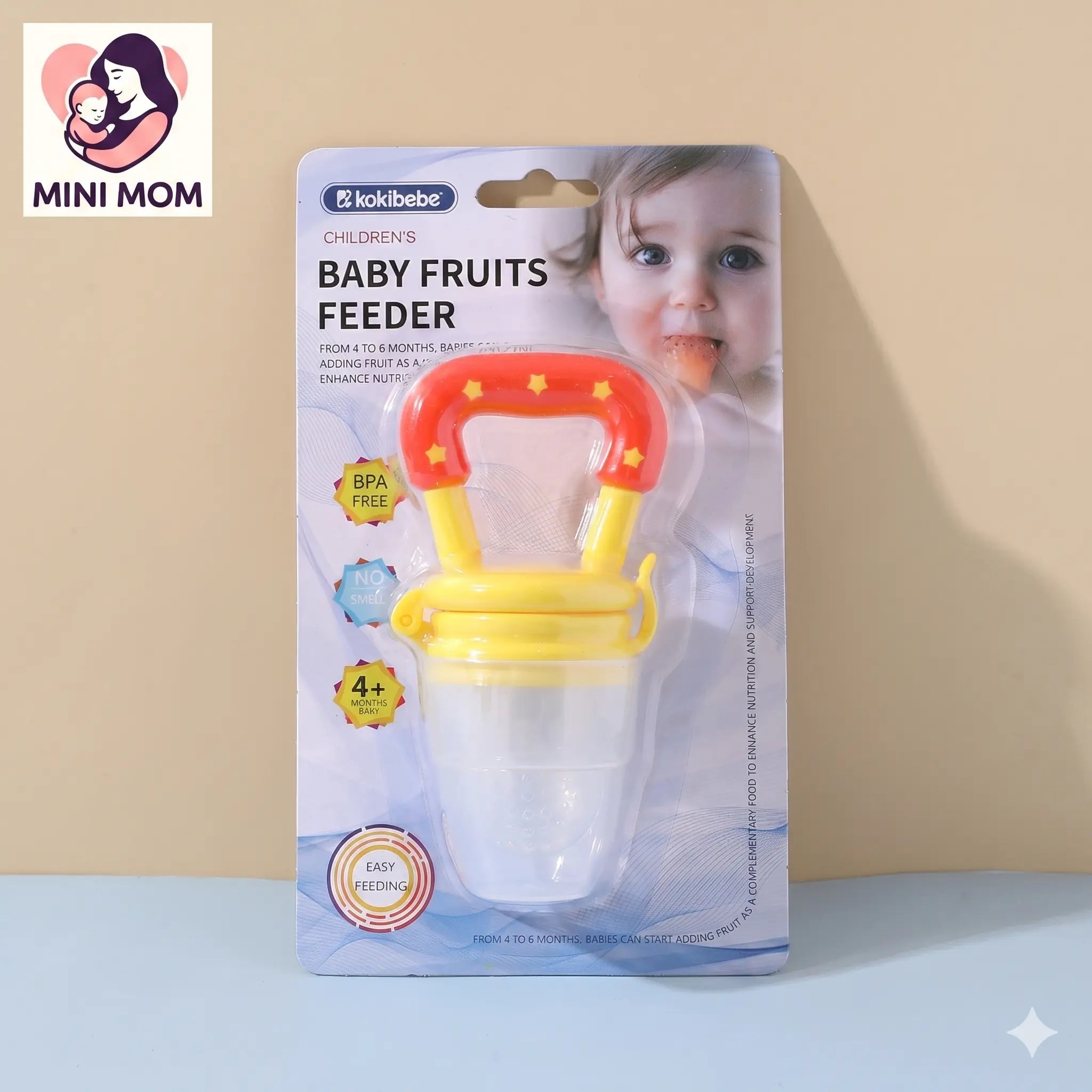 baby fruits feeder packaging with a child's face on a beige background