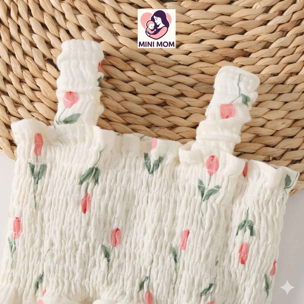 Baby girl sleeveless smocked romper tulip floral dress with hat – cotton linen Bangladesh