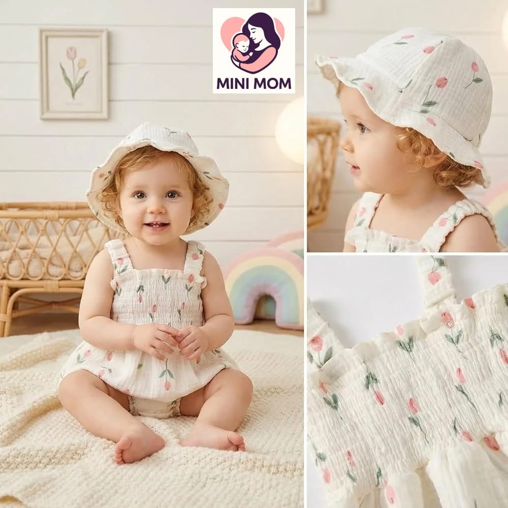 Baby girl tulip smocked romper hat set 0-18 months – premium cotton linen Bangladesh