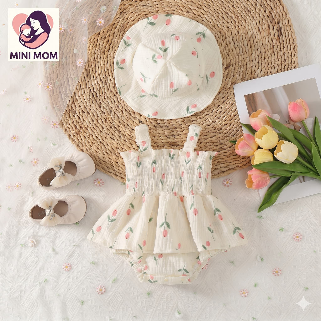 Baby girl tulip print smocked romper dress with sun hat set – Mini Mom Bangladesh