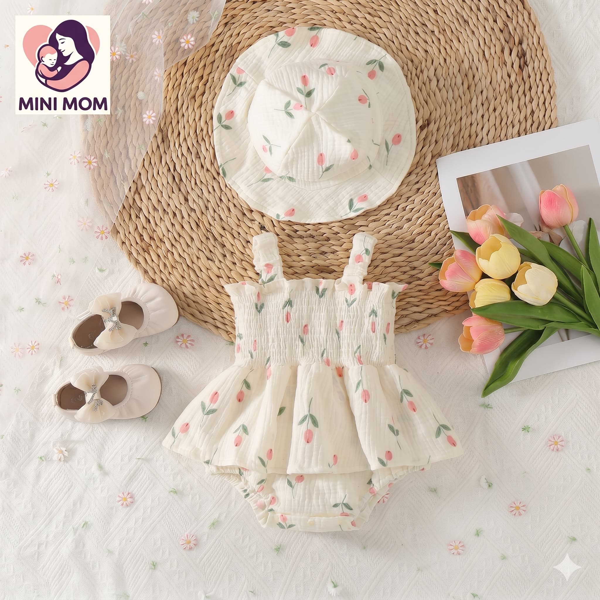 Baby girl tulip print smocked romper dress with sun hat set – Mini Mom Bangladesh