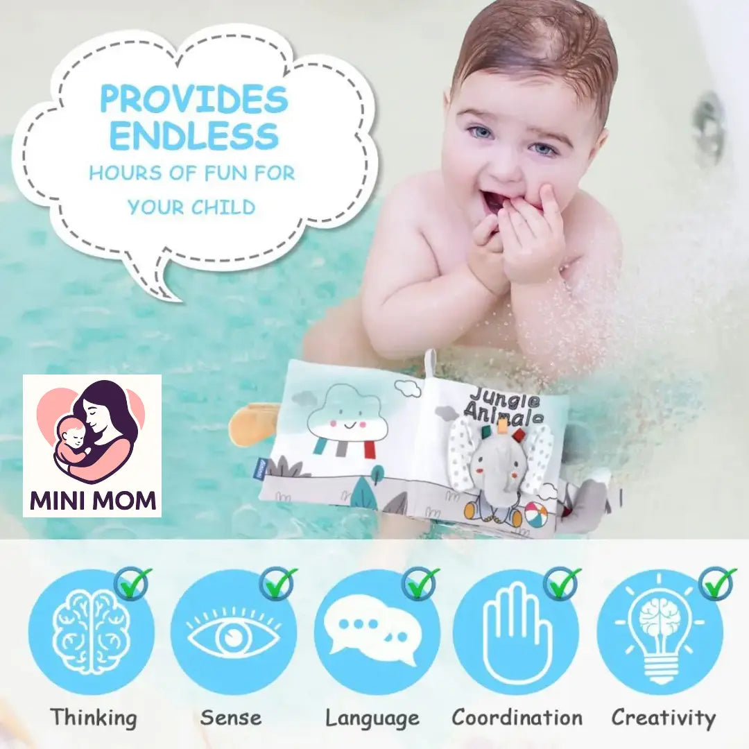 Baby playing with a book titled 'Jungle Animals' with promotional text and logos for 'Mini Mom'.