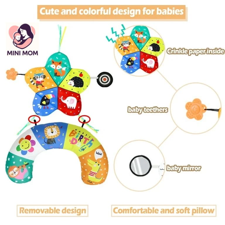 Baby Tummy Time Pillow with Mirror, Crinkle & Teether Toys -Sensory Play Mat for Newborns 0-12 Months