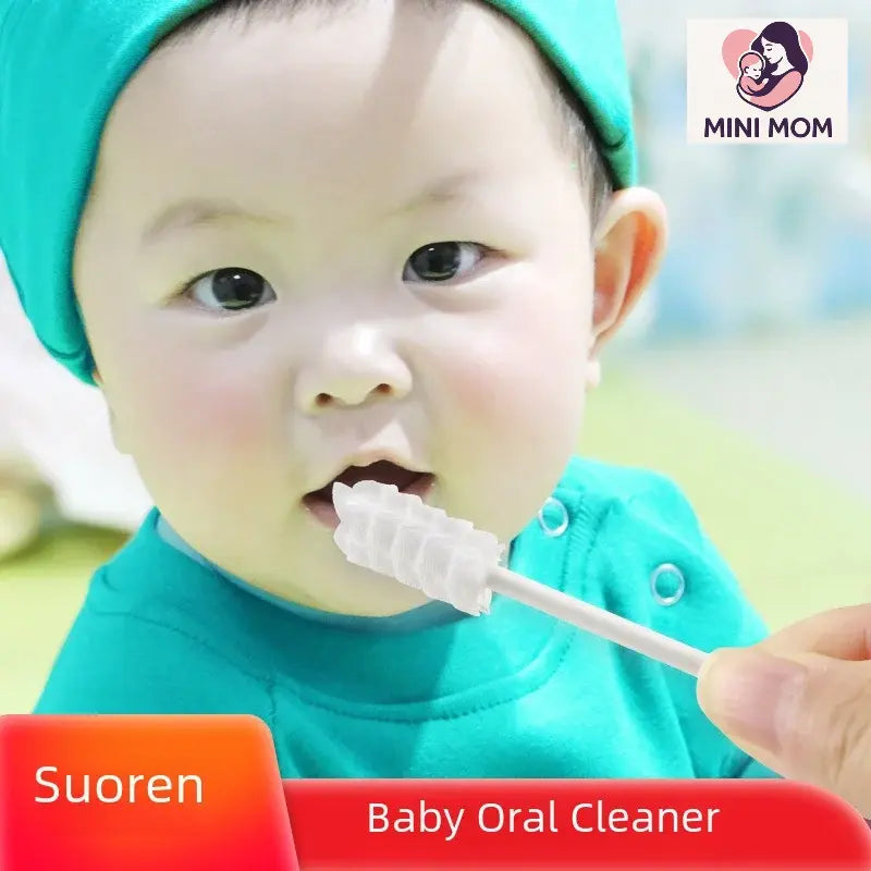 Baby using a Baby Oral Cleaner with a blurred background