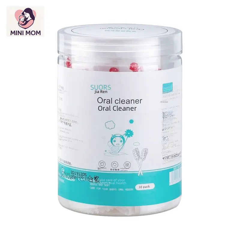 Jar of baby oral cleaner with 'MINI MOM' logo on a white background