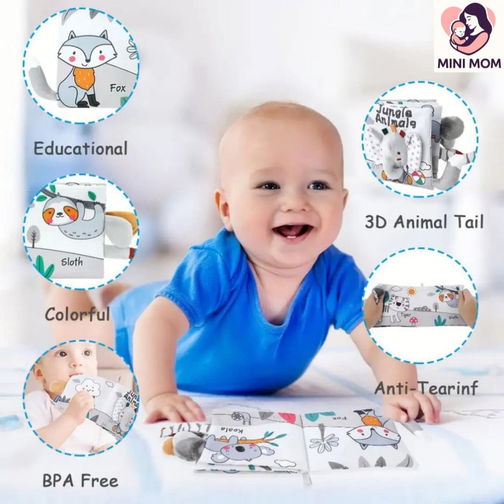 Baby in a blue shirt with educational toys and features highlighted, including 3D animal tails and BPA-free materials.