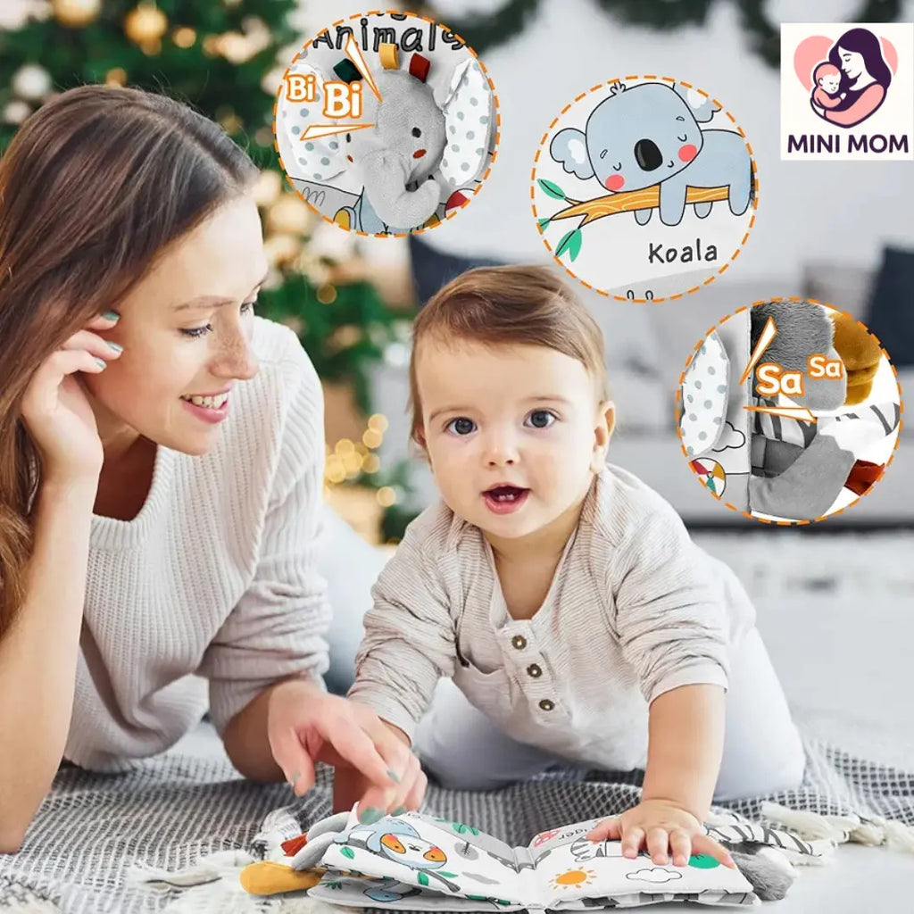 Woman and baby playing with educational toys in a cozy indoor setting