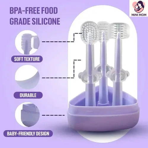 Silicone teethers in a stand with features highlighted on a purple background