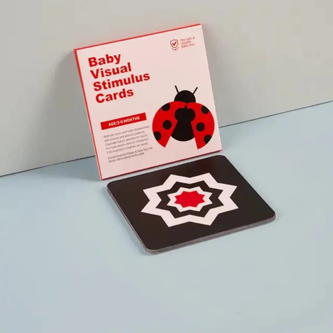 3-6 months baby visual stimulus cards with a ladybug design on a light blue surface
