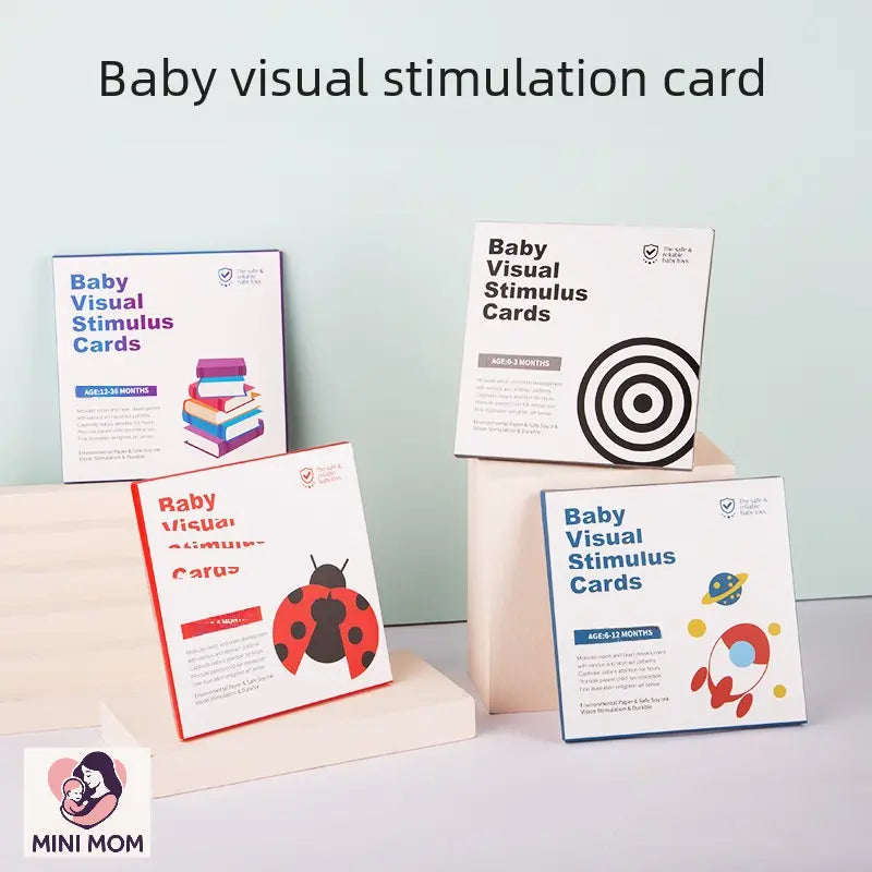 Baby visual stimulation cards with colorful designs on a light gray background