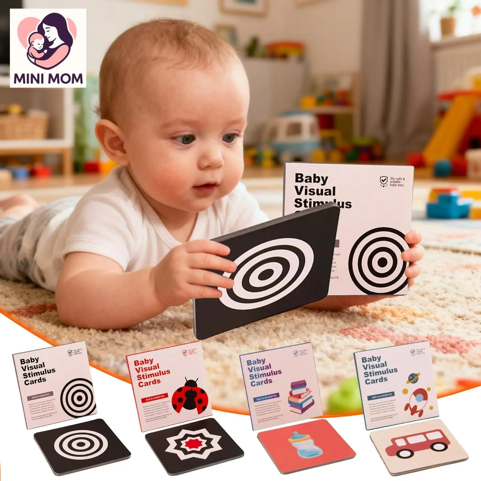 Baby playing with educational black and white vision cards in a room with toys