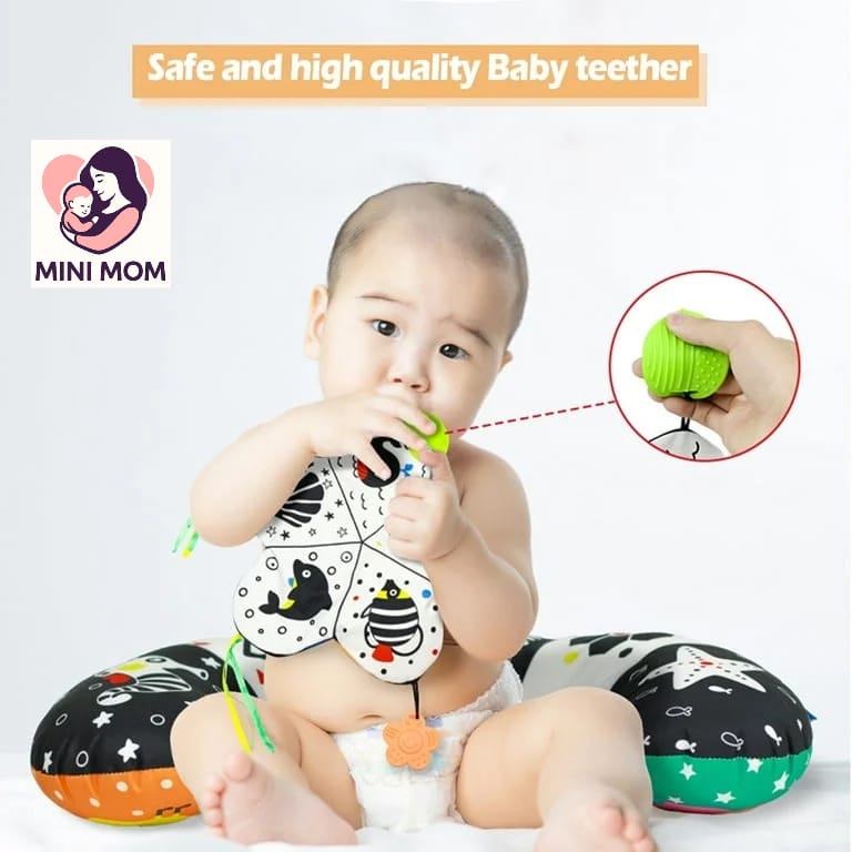 Baby Tummy Time Pillow with Mirror, Crinkle & Teether Toys -Sensory Play Mat for Newborns 0-12 Months