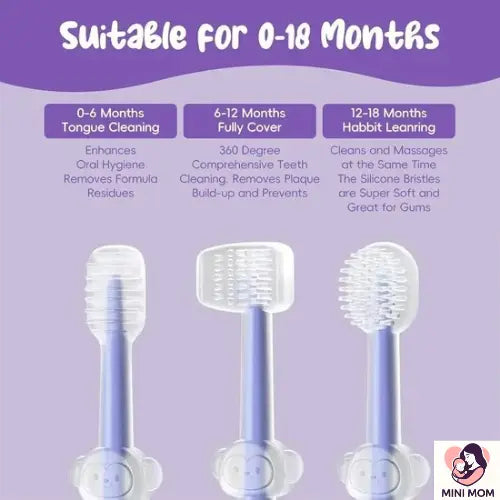 Baby silicone toothbrush heads with usage stages for infants on a purple background