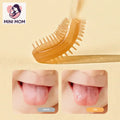 Baby tongue scraper with 'MINI MOM' branding and before-and-after comparison of a baby's tongue on a beige background.