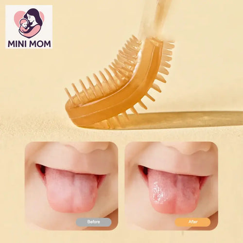 Baby tongue scraper with 'MINI MOM' branding and before-and-after comparison of a baby's tongue on a beige background.