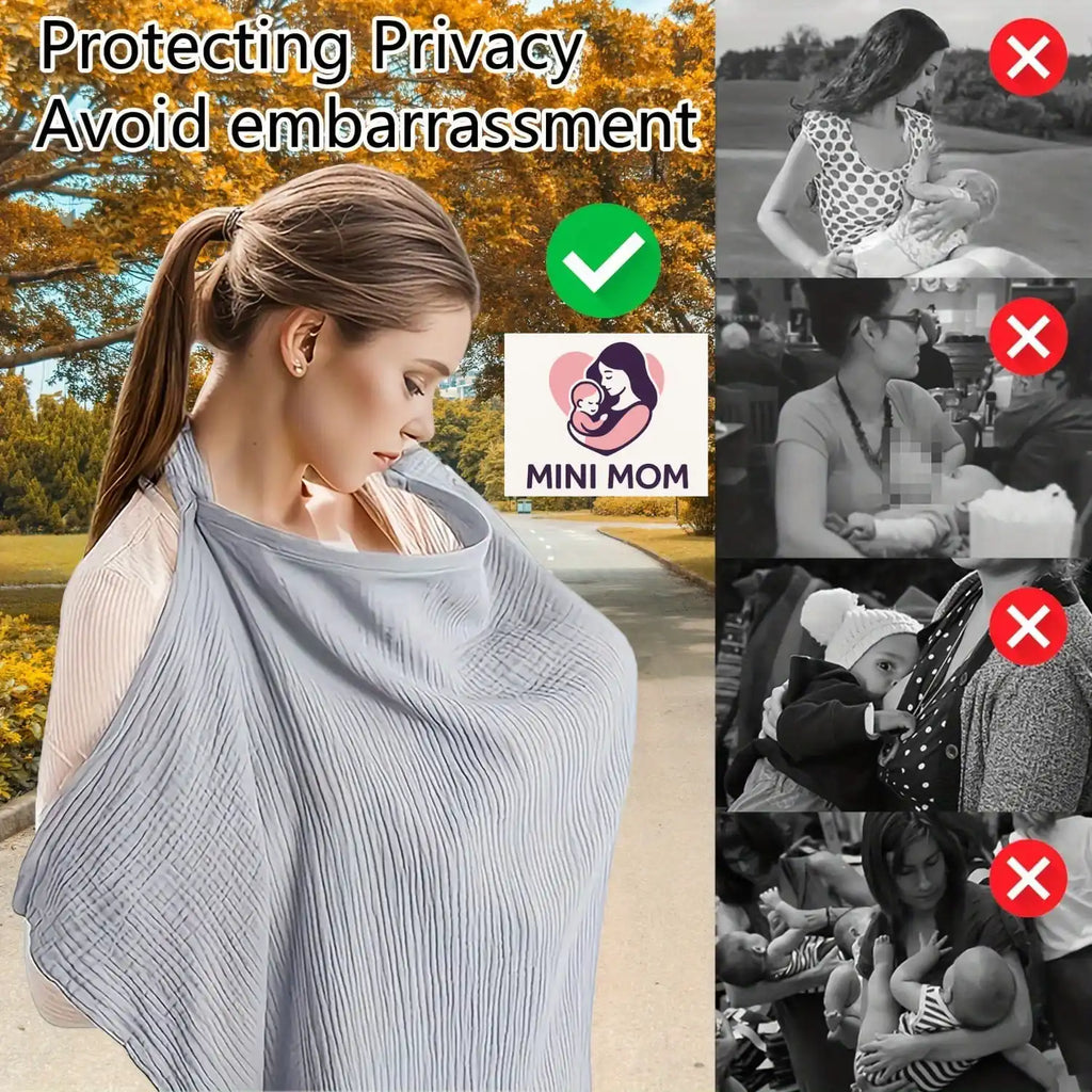 Promotional image for a breastfeeding nursing cover with text about protecting privacy and avoiding embarrassment.
