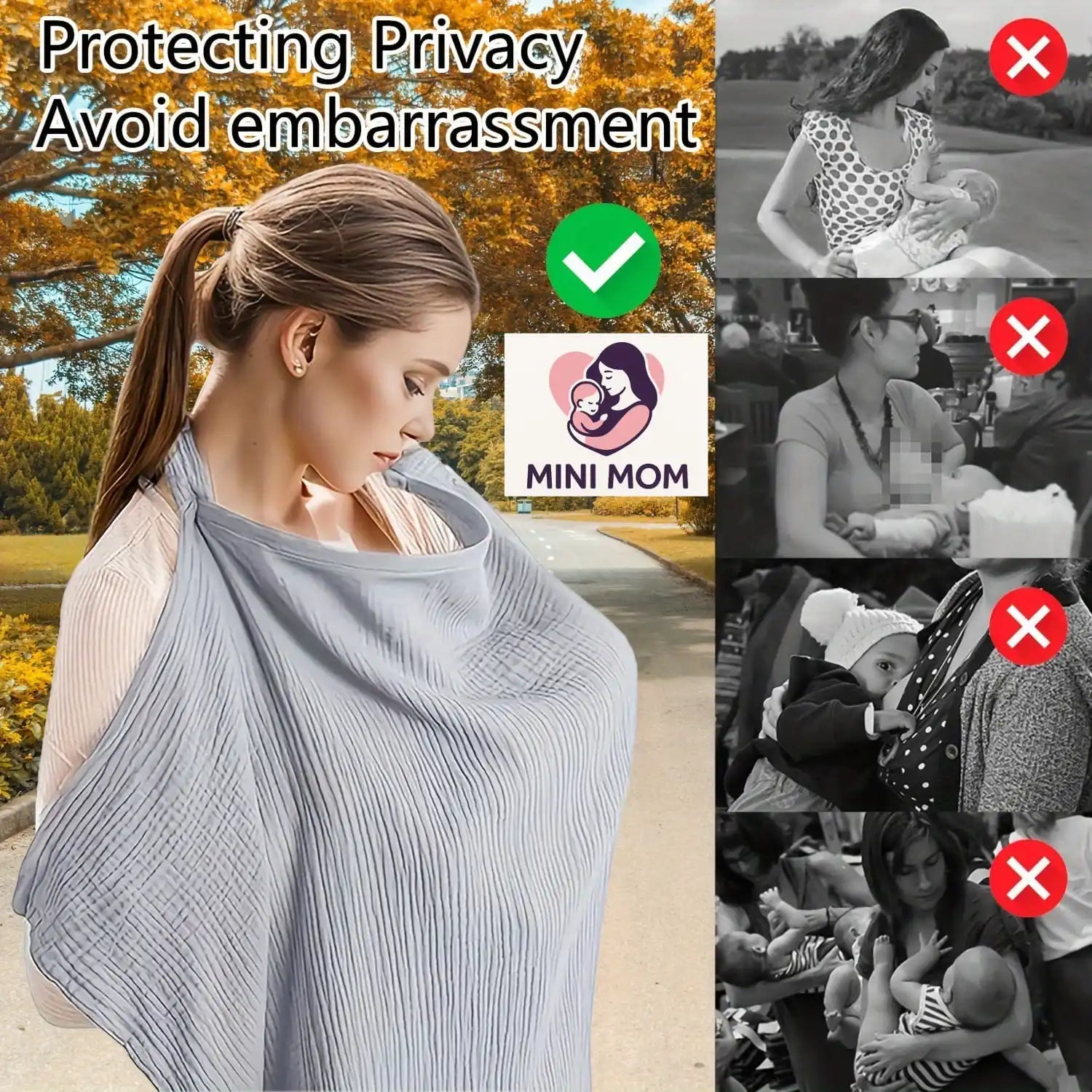 Promotional image for a breastfeeding nursing cover with text about protecting privacy and avoiding embarrassment.