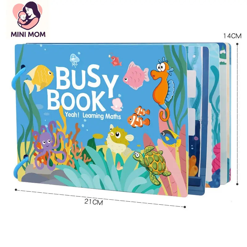 Children's busy book with ocean-themed illustrations and dimensions displayed.