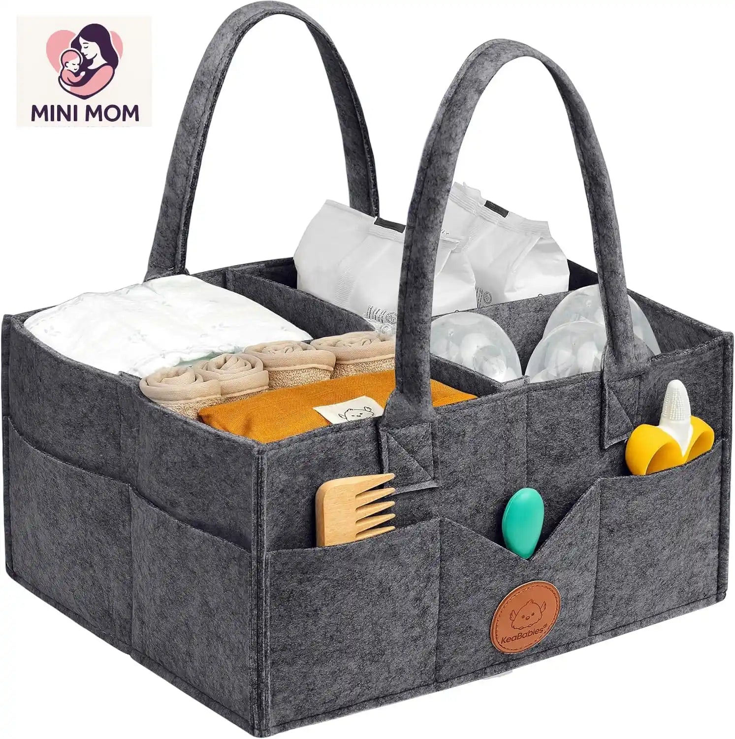 Gray storage caddy with handles filled with baby items on a white background, featuring the brand 'MINI MOM'.