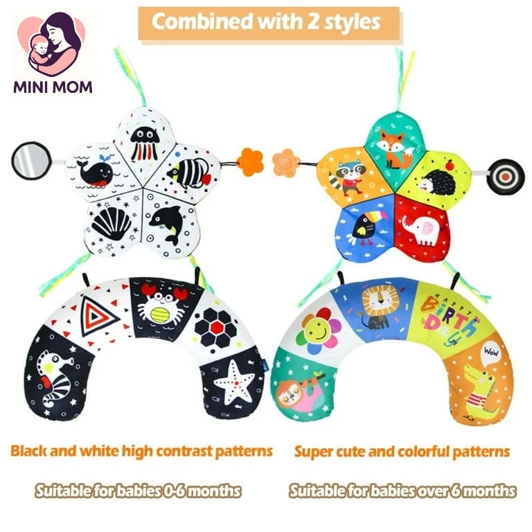 Baby Tummy Time Pillow with Mirror, Crinkle & Teether Toys -Sensory Play Mat for Newborns 0-12 Months