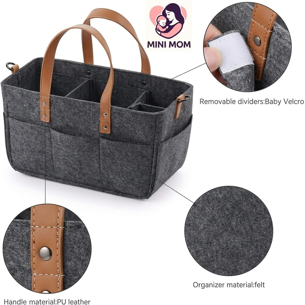 Gray diaper organizer bag with brown handles and details, featuring 'MINI MOM' branding.