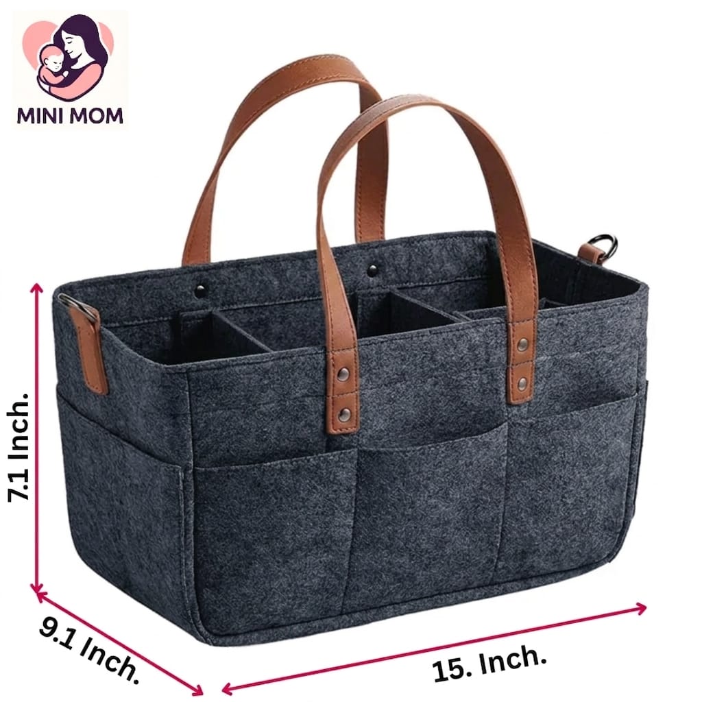 Gray diaper caddy bag with brown handles and measurements on a white background, featuring the Mini Mom brand.