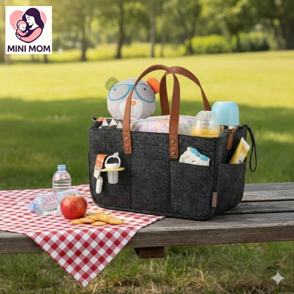 Nappy bag with baby items on a bench in a park, featuring the Mini Mom logo.