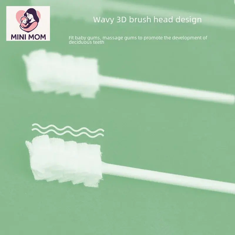Miniature baby cotton toothbrushes with wavy 3D brush head design on a green background, featuring the MINI MOM brand.