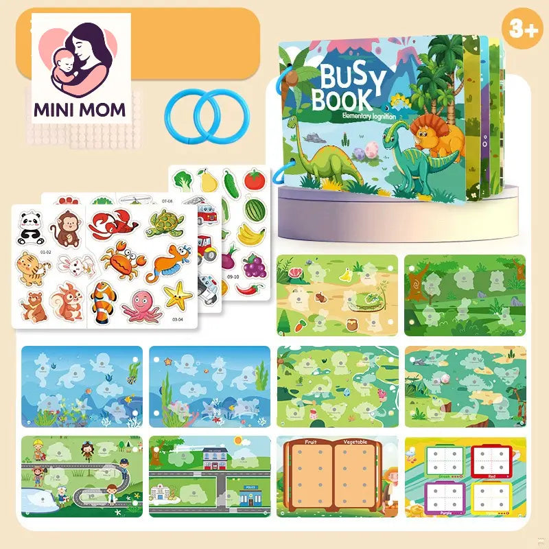 Educational toys and books for children, including a 'Busy Book' with animal illustrations and flashcards.