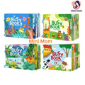 Four colorful children's busy books with animal illustrations on a white background, branded 'Mini Mom'.