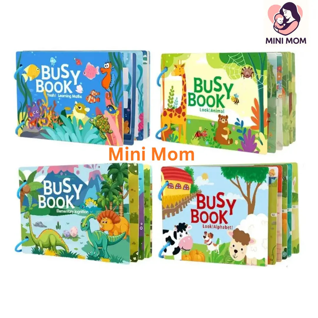 Four colorful children's busy books with animal illustrations on a white background, branded 'Mini Mom'.