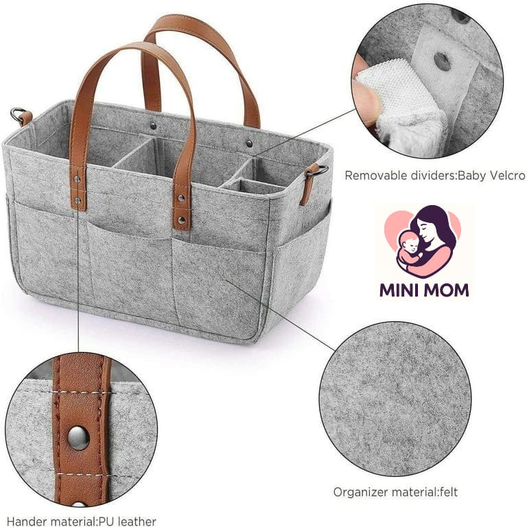 Gray baby organizer with brown handles and details, featuring the brand 'MINI MOM'.