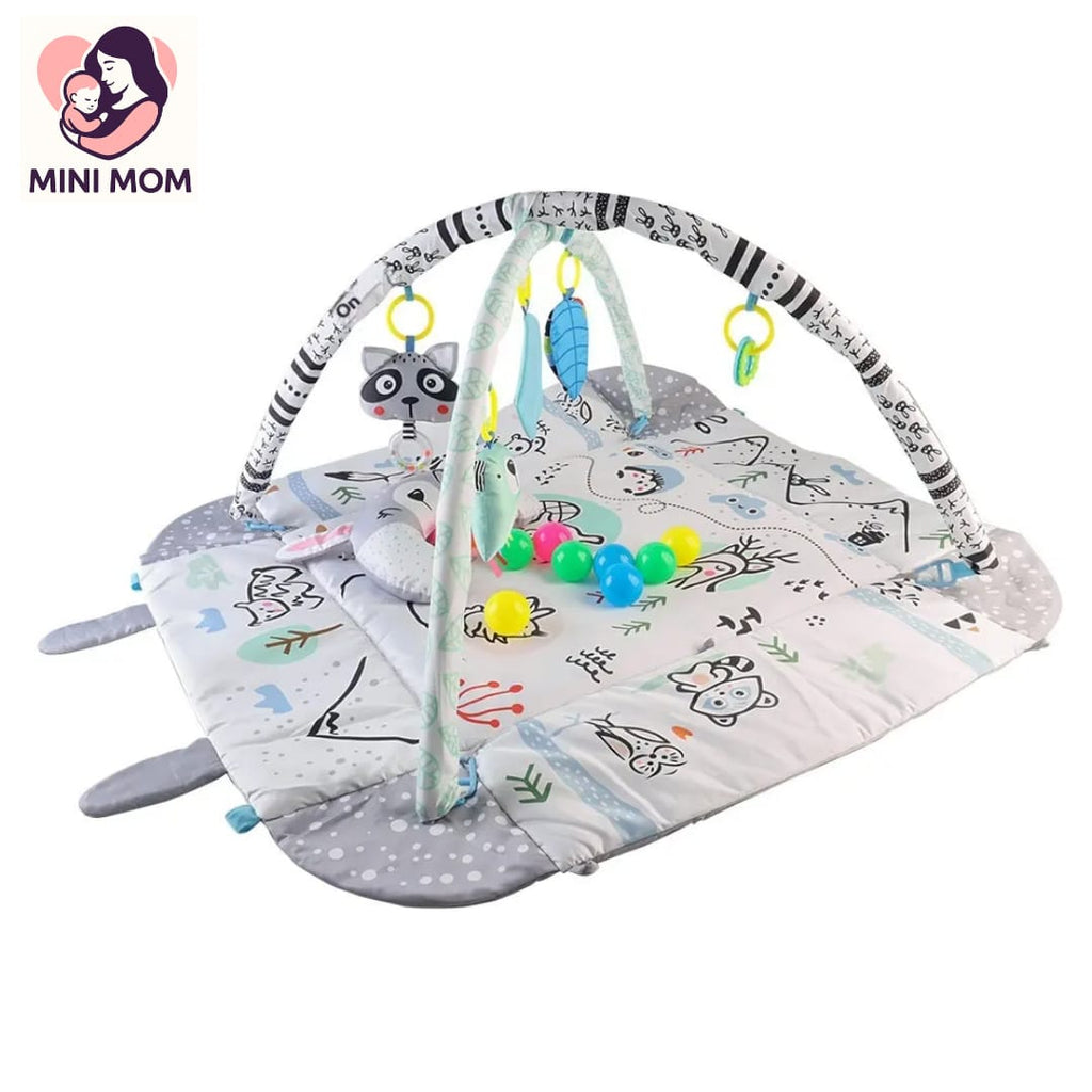 Baby play mat with activity gym featuring colorful toys and cartoon animals on a white background.
