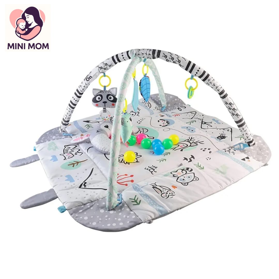Baby play mat with activity gym featuring colorful toys and cartoon animals on a white background.