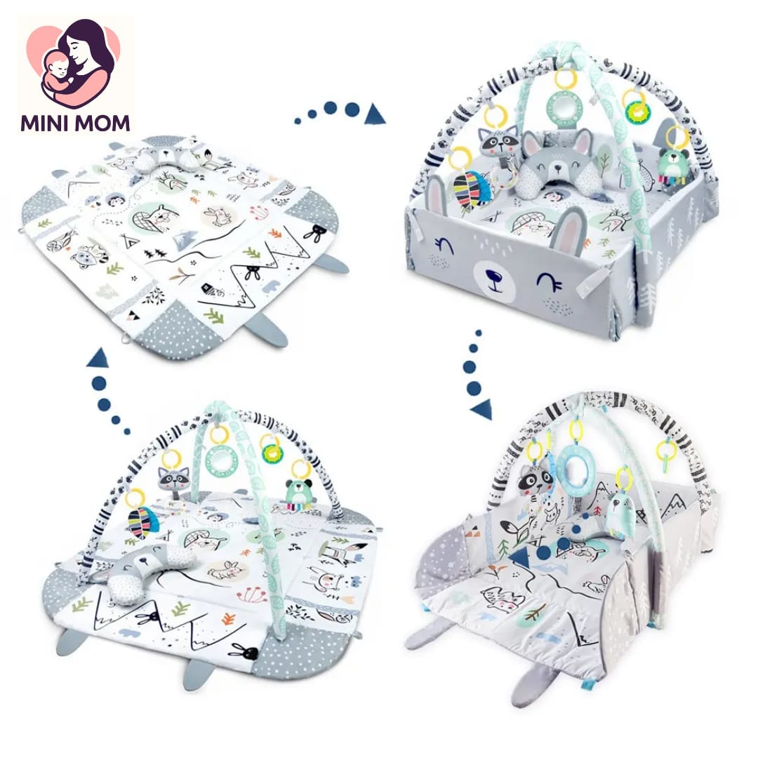 Baby activity gym and play mat set with cartoon designs on a white background, featuring the brand 'Mini Mom'.