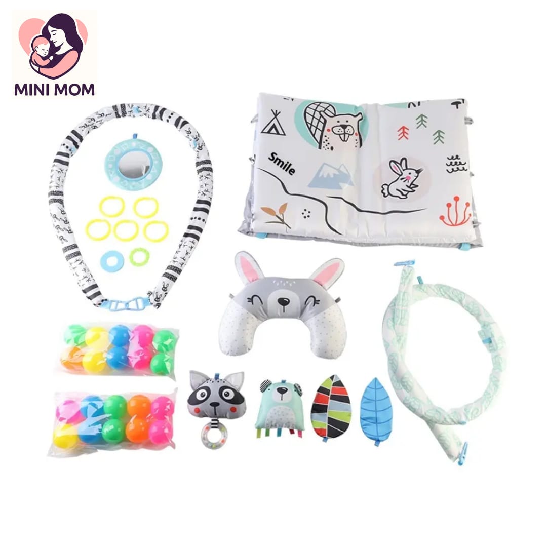 Collection of baby toys and products with 'Mini Mom' branding on a white background.