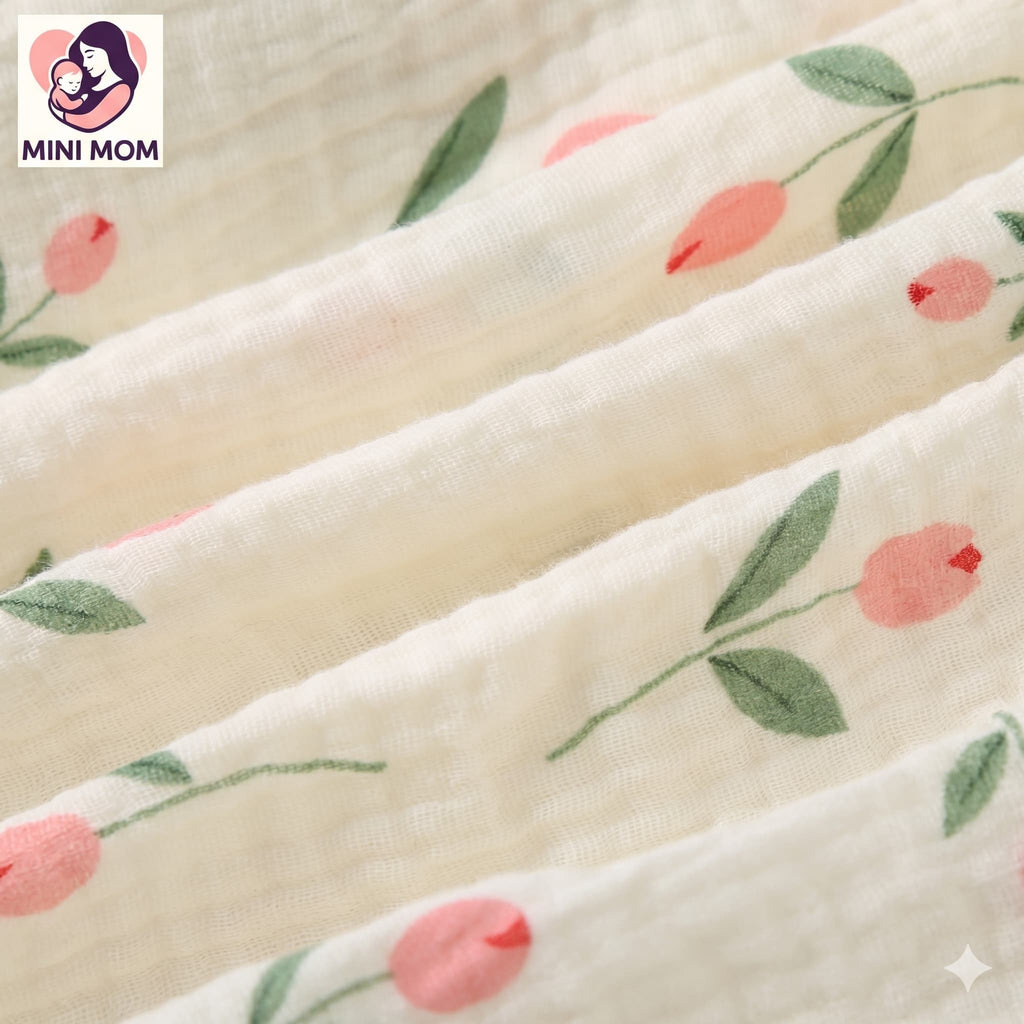Close-up baby girl cotton linen tulip print smocked romper fabric detail Bangladesh