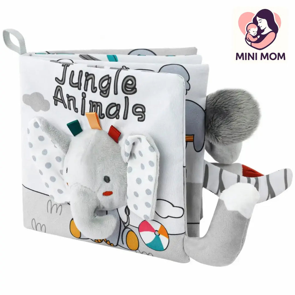 Children's soft book titled 'Jungle Animals' with plush elephant toy, branded 'Mini Mom'.