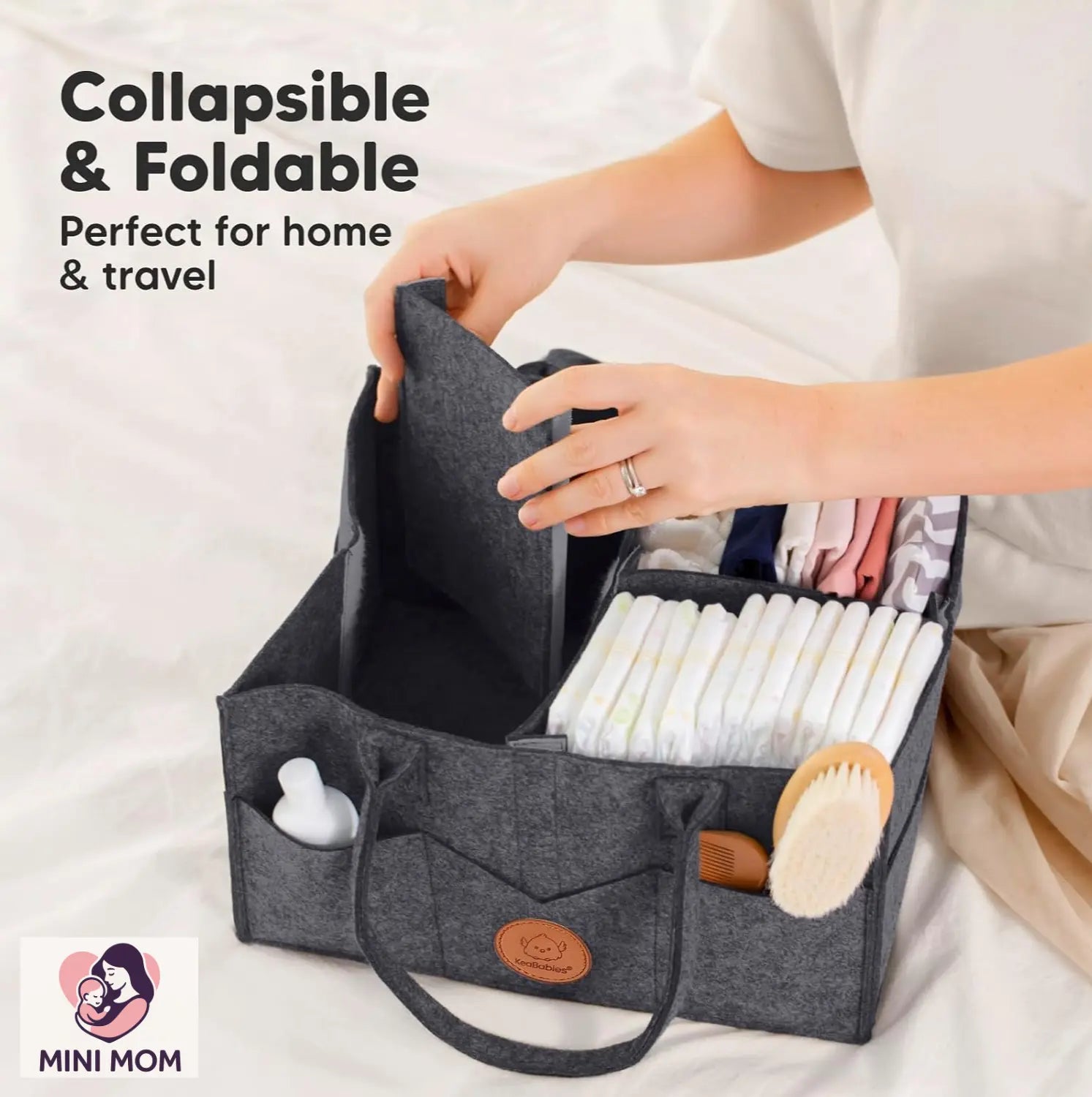 Collapsible and foldable organizer being used with text 'Collapsible & Foldable, Perfect for home & travel' and 'MINI MOM' logo.