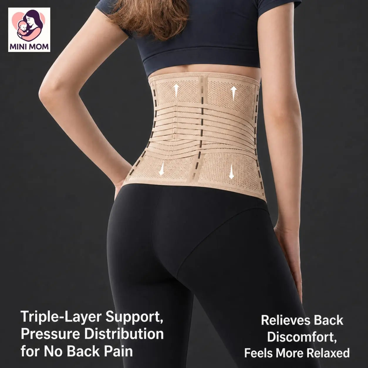 Person wearing a beige postpartum abdominal belt support brace with text highlighting its benefits on a dark background.