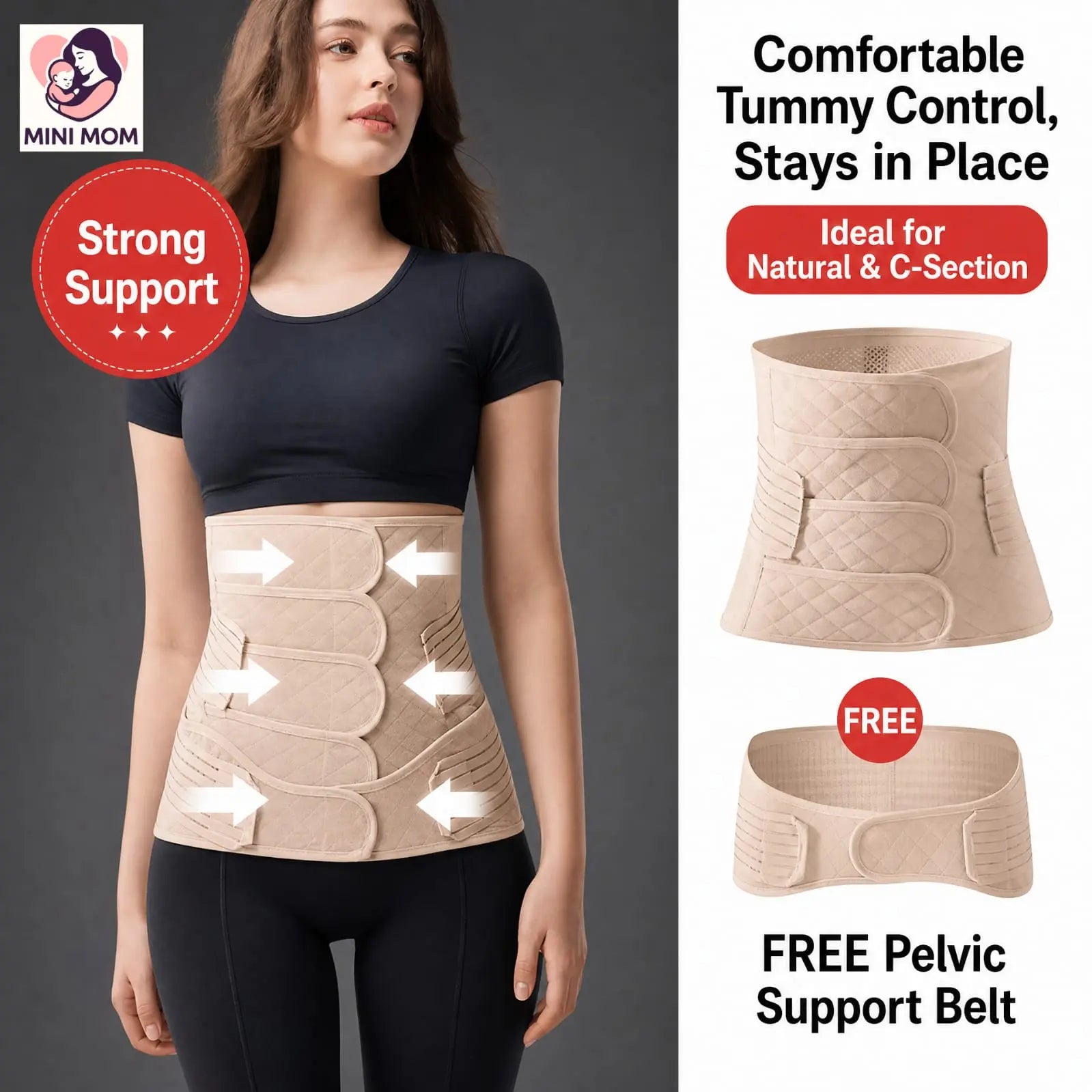 Woman wearing a beige postpartum abdominal support belt with promotional text and graphics on a dark background.