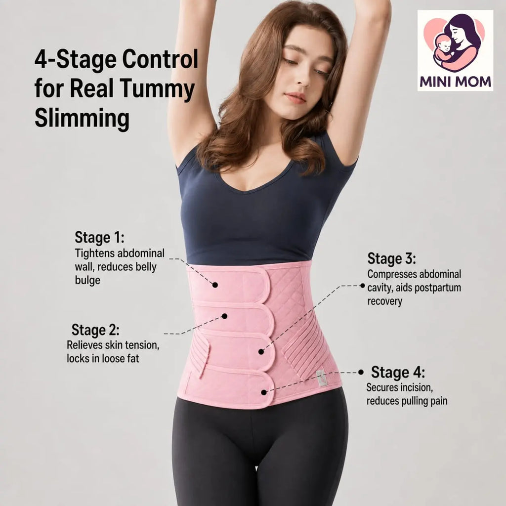 Woman wearing a pink postpartum-abdominal belt with text describing its stages on a gray background